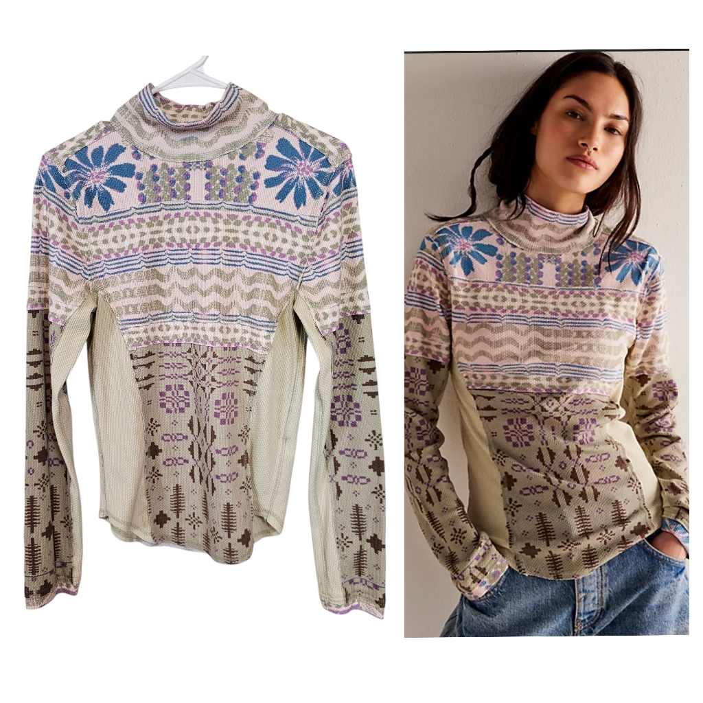 Free People Denver Layering Top Turtleneck Fair Isle Waffle Knit Thermal Top